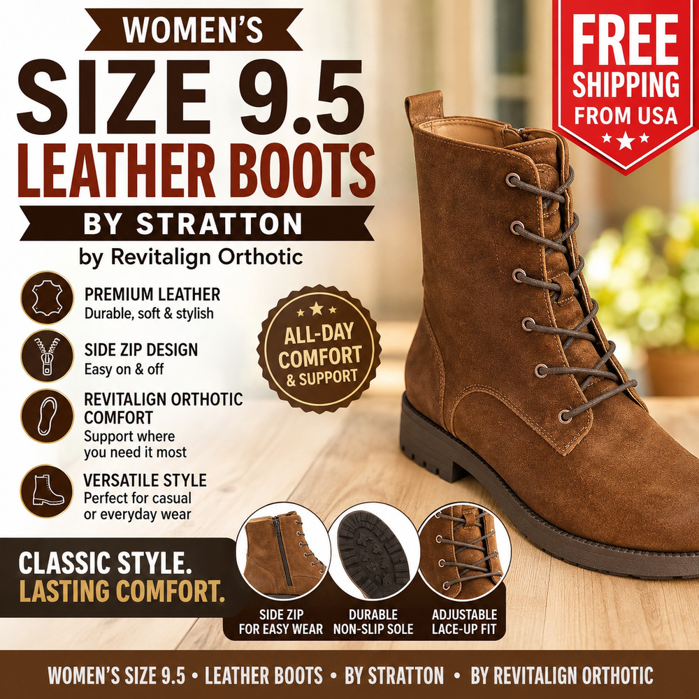 Womens Size 9.5 Leather Boots, Side Zip, Stratton, by Revitalign Orthotic